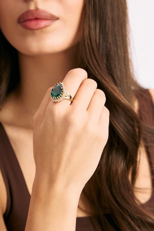Inel aur galben 14K Green Teardrop